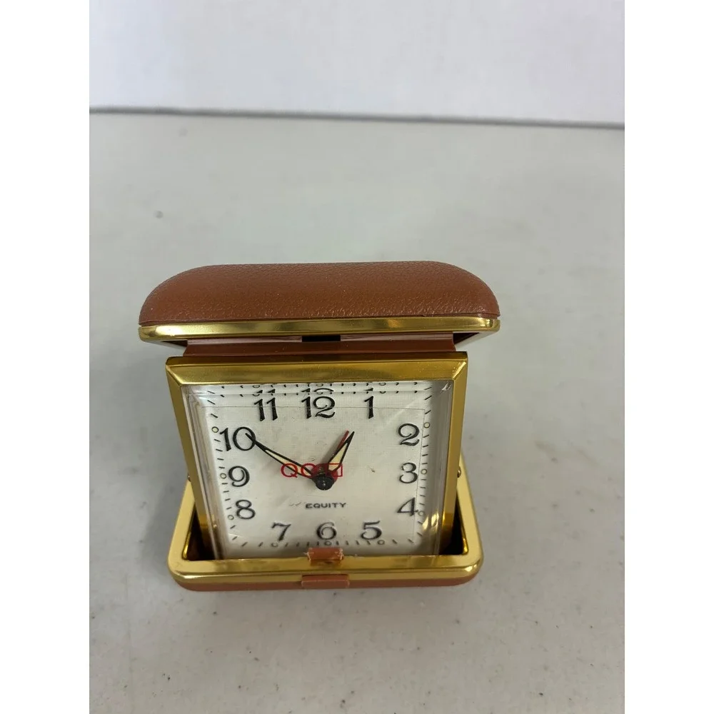 Vintage Equity Travel Alarm Clock Brown Faux Leather Folding Case Gold Tone MCM
